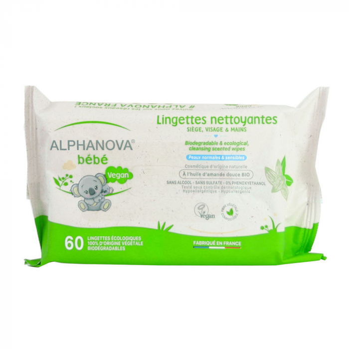 LINGETTES NETTOYANTES X60 BÉBÉ SIÈGE, VISAGE ET MAINS ALPHANOVA